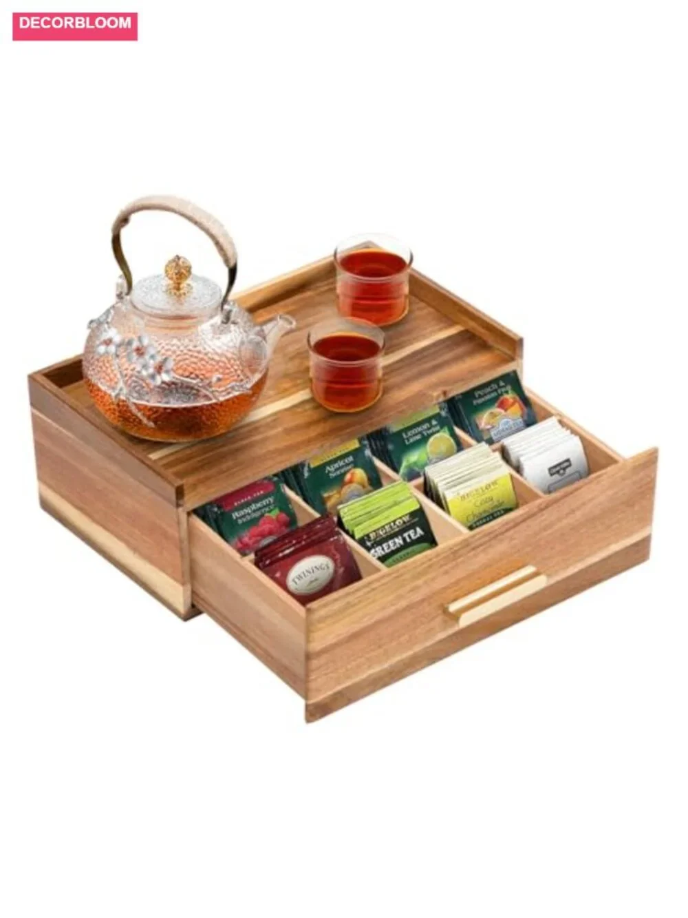 Acacia Wood Tea Bag Organizer with Drawer, Tea Storage Box for Countertop